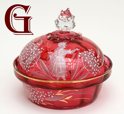 cranberry glass Mary Gregory powder bowl